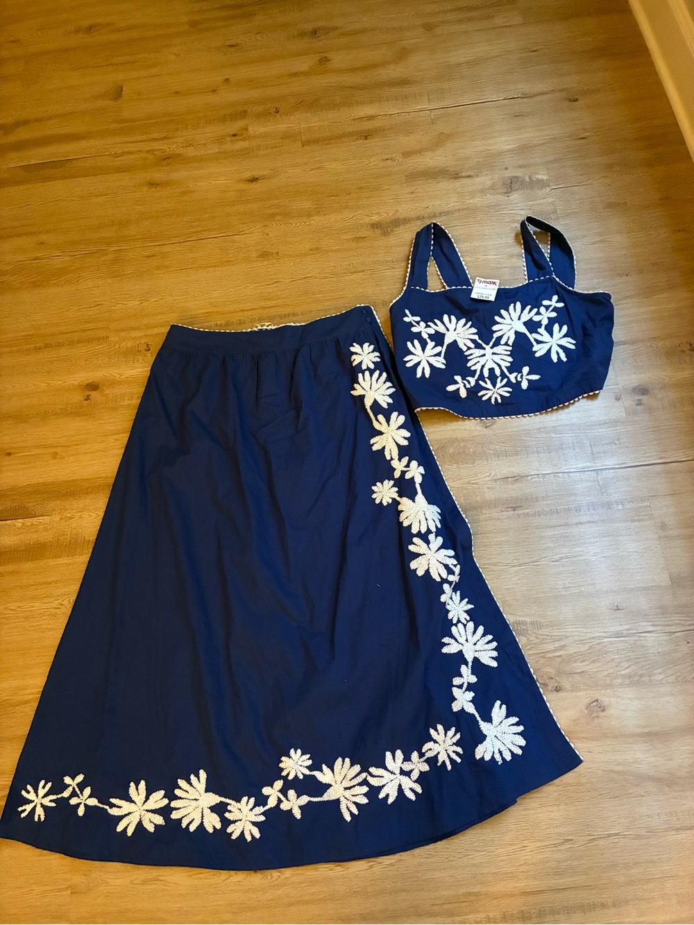 Classic Navy Floral Embroidered A-Line Skirt for Women